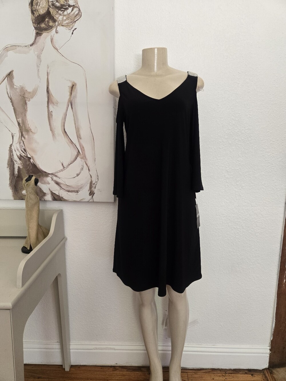 NWT MSK 3/4 Sleeve Cold Shoulder Embellished Party Dress Size Medium
